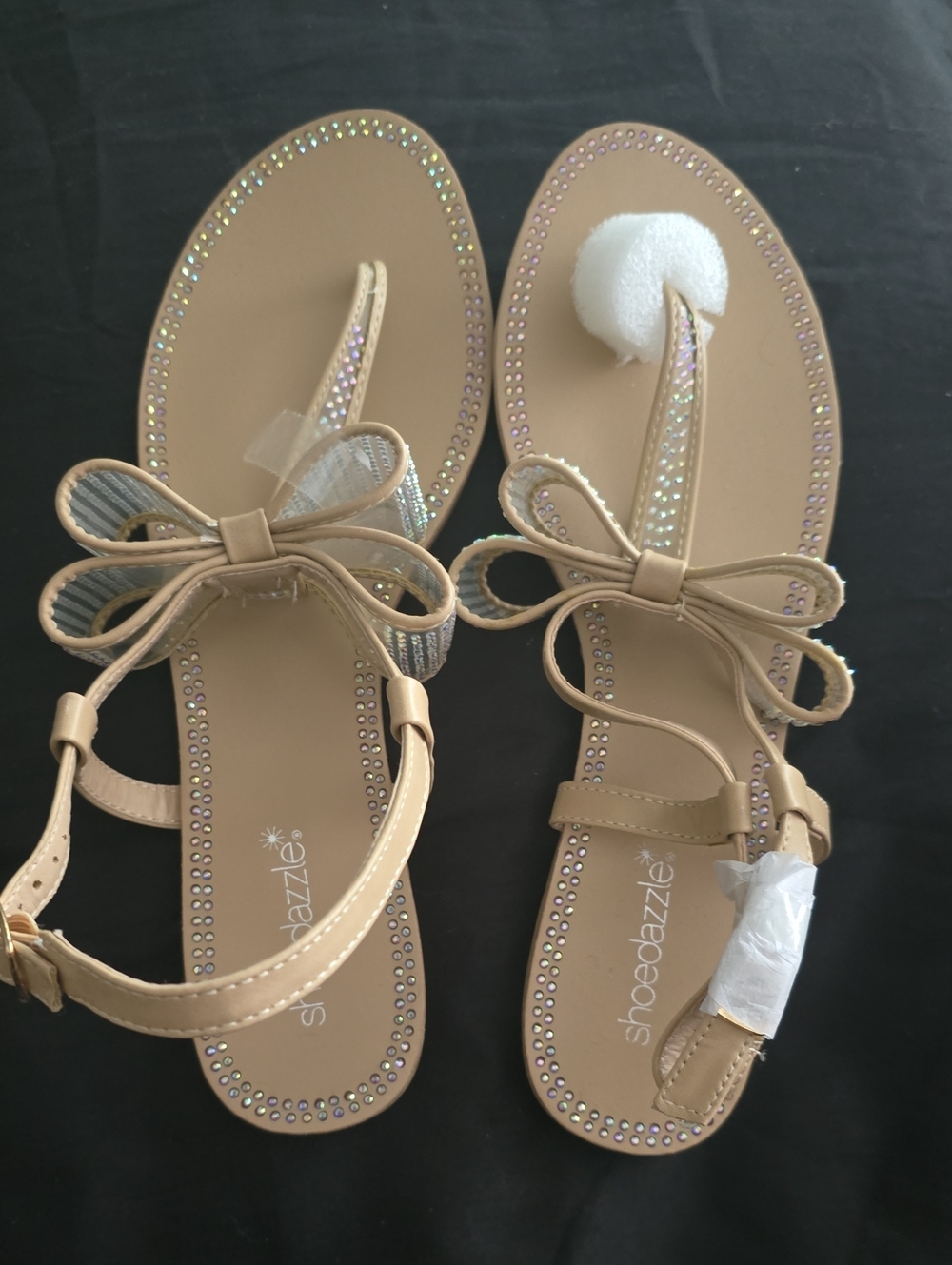 Shoe Dazzle Nude Bow Toe-Post Sandals with Rhinestone Trim